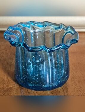 Handblown Blue Glass Ruffled Vase or Toothpick Holder